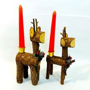 Christmas Around the World 1990's Vintage Natural Bark Reindeer Set of Two IOB